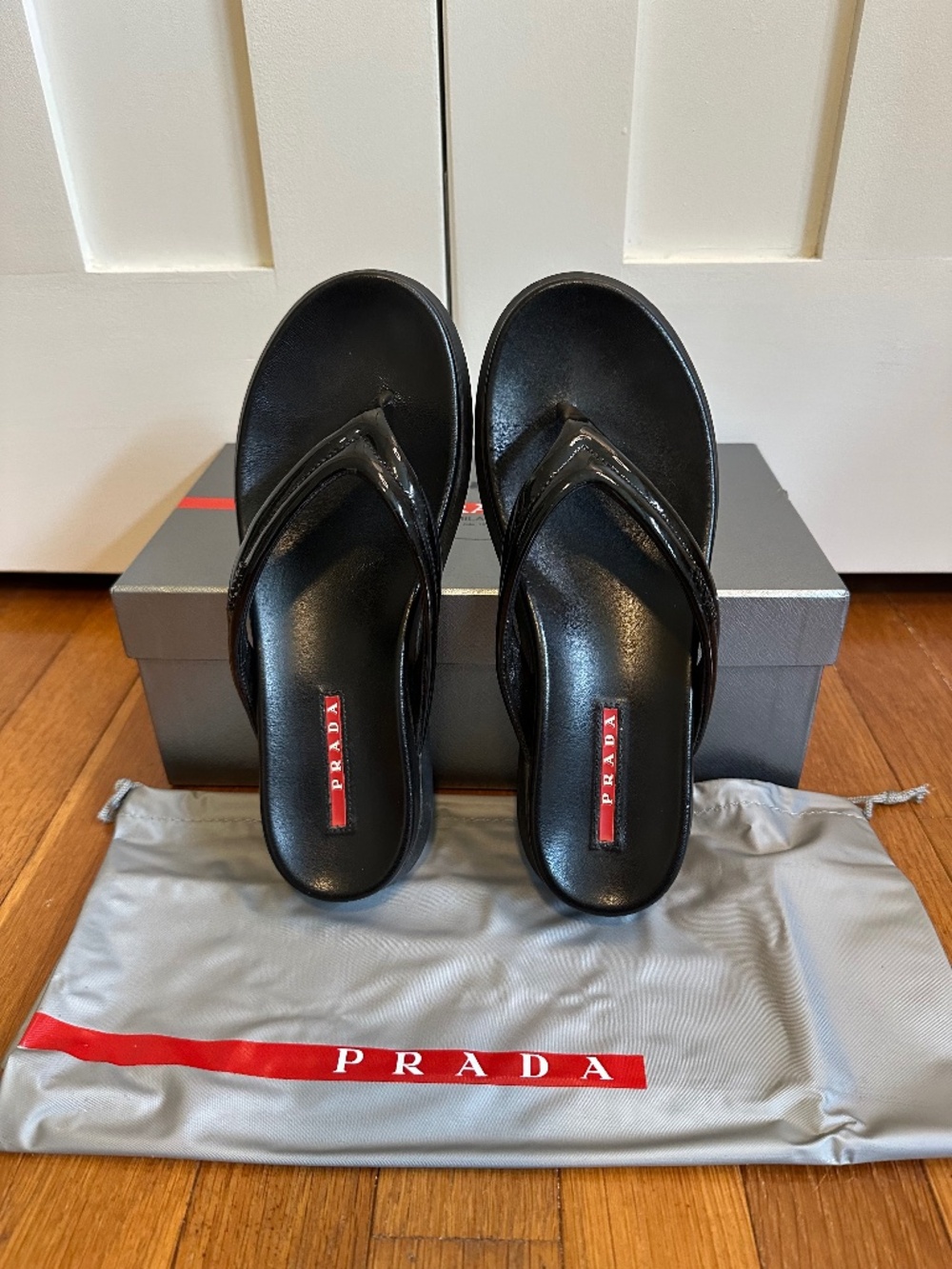 Prada Linea Rossa Black Patent Flip Flop Sandals